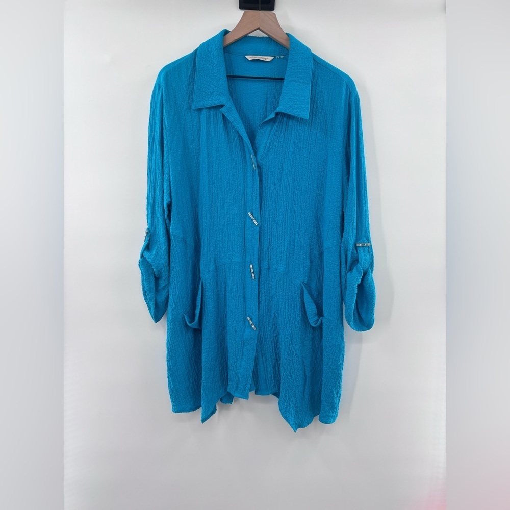 Soft Surroundings Art to Wear Artsy Teal Button-Down Shirt Size XL